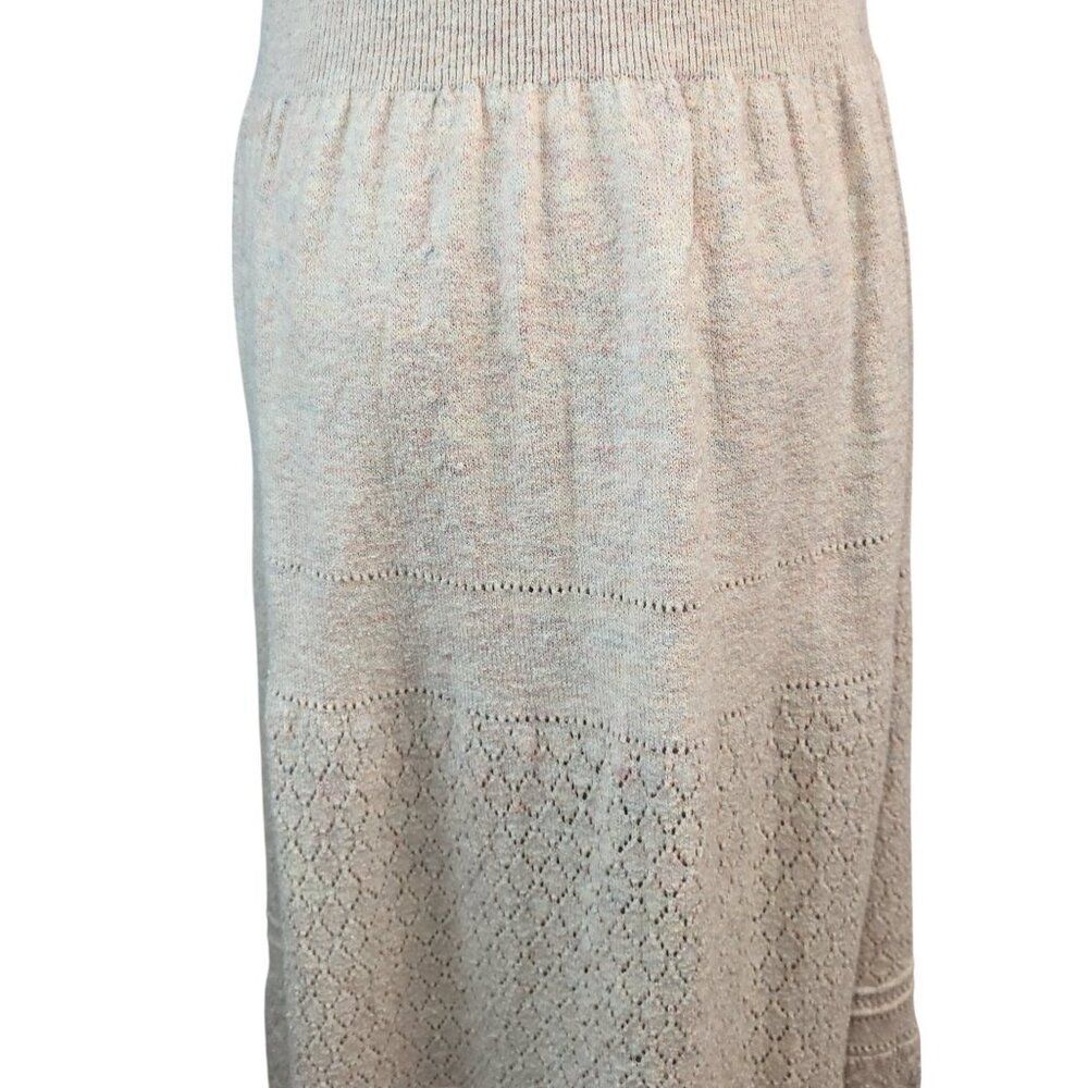 La Vie Medium Beige Cotton Knit Midi Dress RTR Ribbed Bodice Scallop Hem Party - Picture 10 of 15